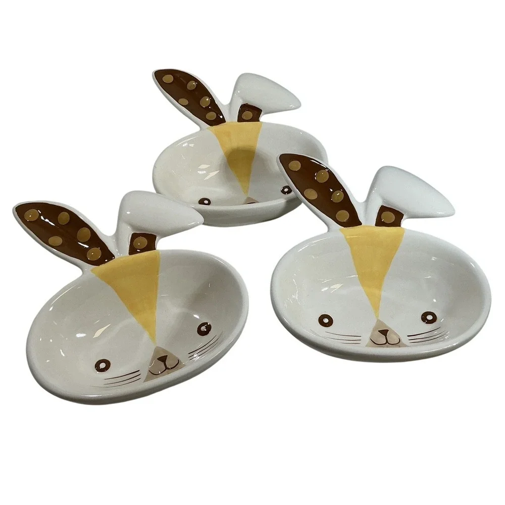 Target Easter 2012 Bunny‎ Rabbit Ceramic Snack Bowls Set of 3 White Brown Yellow